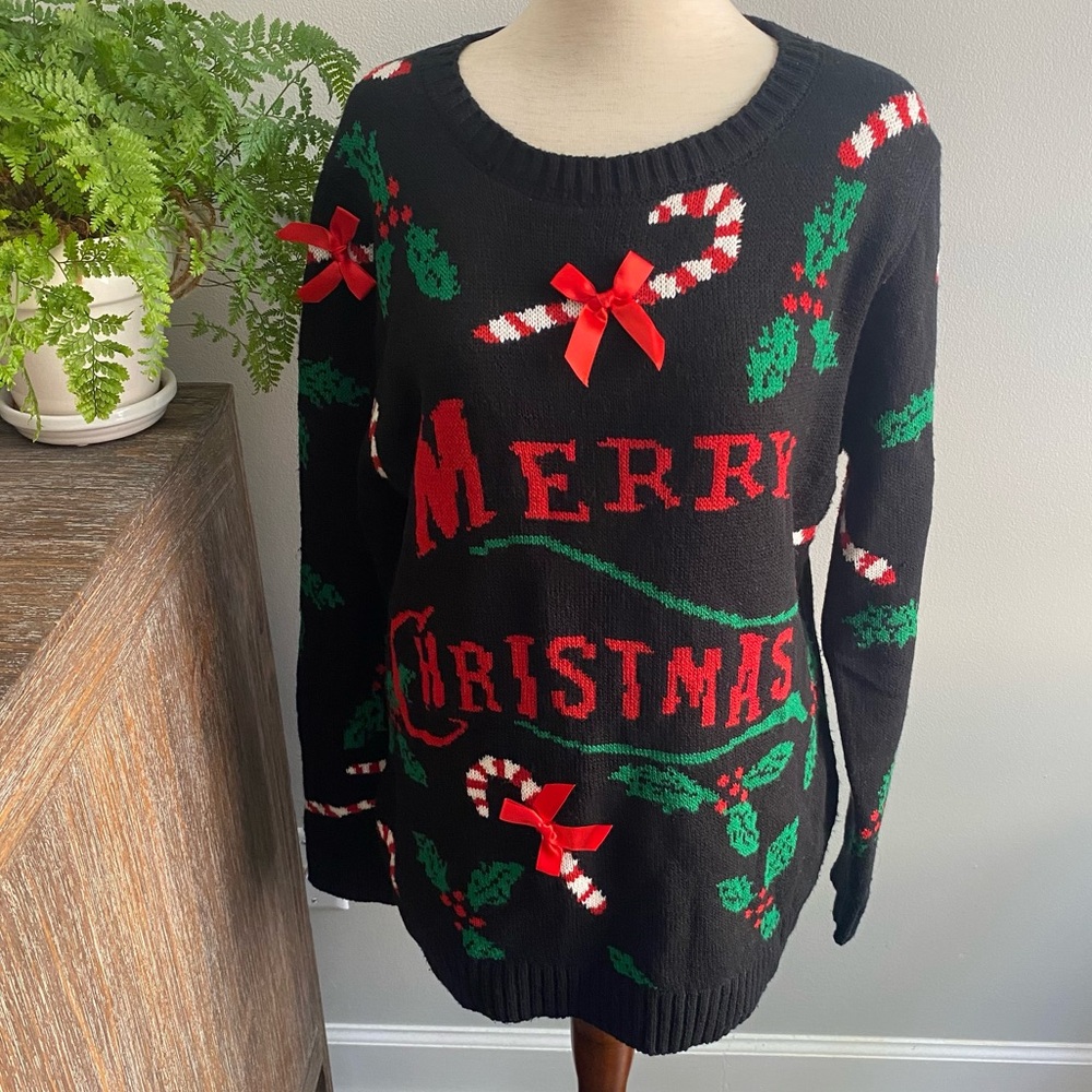 Christmas Sweater “Merry Christmas” Candy Cane Bows Black Red Womens Medium‎